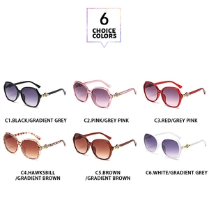 Multi-angle view of oversized geometric sunglasses showing six stylish gradient lens colors