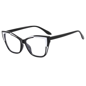 Stylish cat-eye glasses with retro black and white two-tone design in a 45-degree side view
