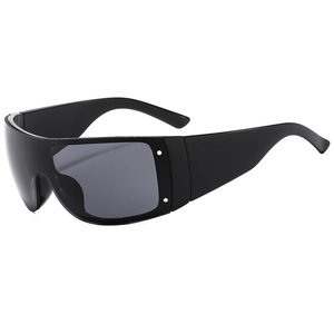 Fashionable oversized one-piece sunglasses with matte black frames and grey tinted lenses