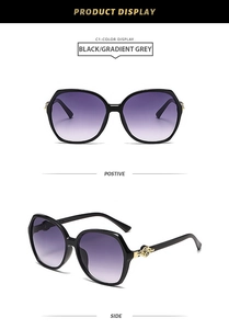 Detail of square-frame sunglasses with gold metal relief and gradient lenses