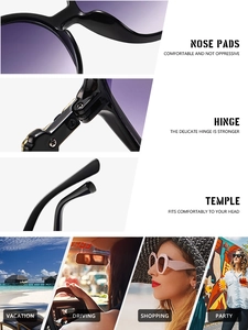 Detail view of reinforced metal hinges and purple gradient lenses on oversized sunglasses