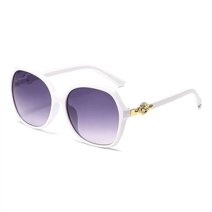 Fashionable white square sunglasses with purple gradient lenses and gold rose detail