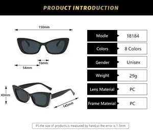 Detailed size chart for cat eye sunglasses showing frame width, lens height and PC material