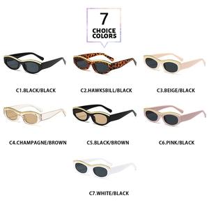Detailed grid showing seven stylish oval sunglasses with elegant gold metal top trim