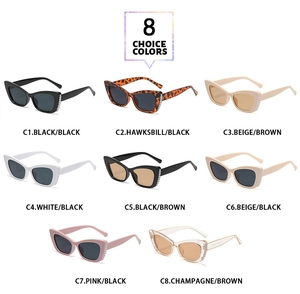 Detailed grid of cat-eye sunglasses in eight colors with rhinestone-studded frames