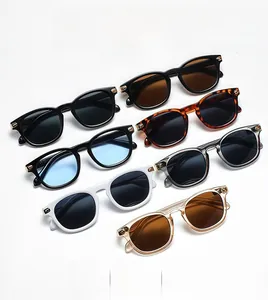 Matrix display of retro square sunglasses in 8 assorted colors with metal accents