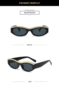 Front and side view of retro black cat eye sunglasses with gold trim on frames