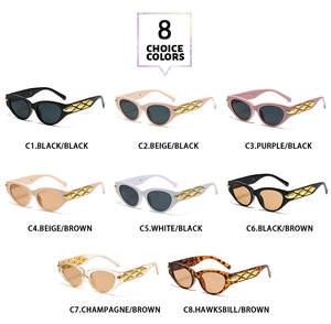 Cat eye sunglasses collection featuring eight colors and golden diamond pattern temples