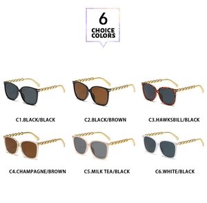 Multi-color square sunglasses collection featuring unique gold chain temple details