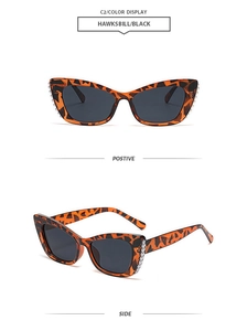 Detailed views of tortoiseshell cat eye sunglasses with silver pearl edge embellishments