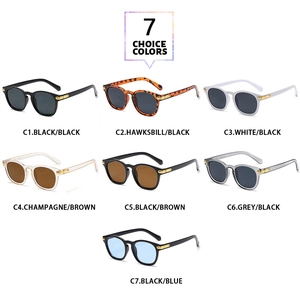 Detailed grid of seven retro square-round sunglasses in various frame colors and lens tints
