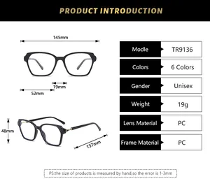 Tableau des tailles détaillé pour lunettes carrées avec dimensions et modèle TR9136