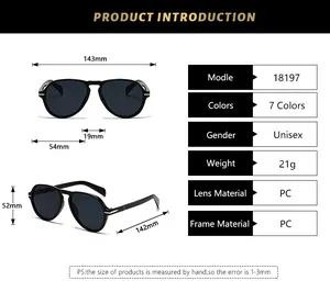 Detailed size chart for retro aviator sunglasses with frame and lens measurements