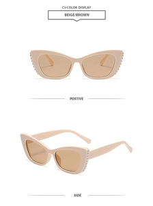 Beige cat-eye sunglasses with side pearls and brown lenses from front and side views