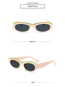 Detail view of beige cat eye sunglasses with gold trim and dark lenses from two angles