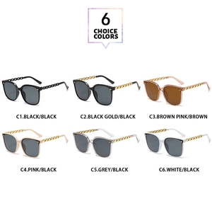 Showcase of square sunglasses in six colors featuring chain temples and star accents