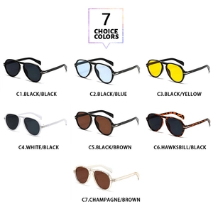 Detailed grid of aviator sunglasses in seven colors with sleek metal hinge accents
