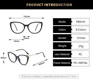 Detailed size chart of cat-eye glasses frame with measurements and technical specifications