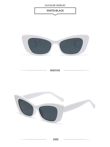 Detail view of white cat-eye sunglasses with side and front angles and dot texture