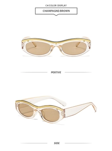 Detailed front and side views of champagne cat-eye sunglasses with brown lenses