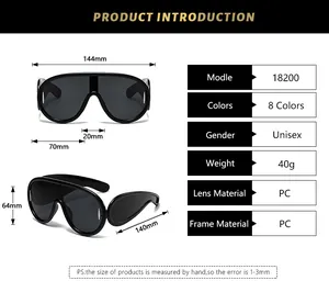 Detailed size specifications for oversized shield sunglasses with 144mm width and PC frame