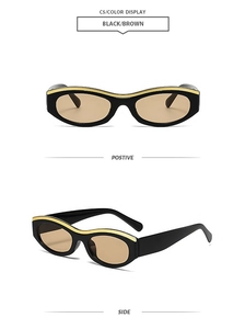 Front and side view of retro cat-eye sunglasses with black frame and yellow wave detail