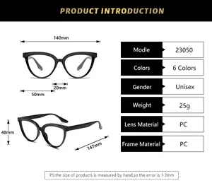 Detailed size chart for retro cat-eye glasses frame with precise lens and frame measurements