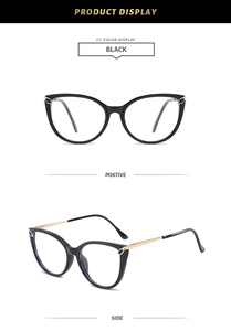 Front and side view of black cat-eye glasses frames with gold cutout temple details