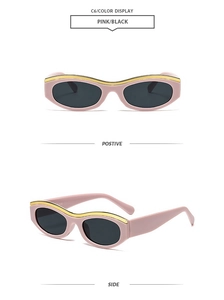 Pink cat-eye sunglasses with gold metal top bar and black lenses from two angles