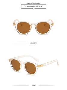 Champagne round frame sunglasses with brown lenses and golden metal hinge detail