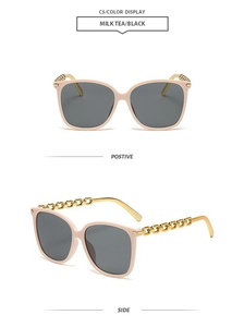 Detail of milk tea square sunglasses with stylish gold metal chain design on the temples