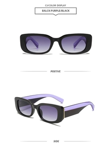 Lunettes de soleil rectangulaires à monture noire, verres dégradés violets et détails dorés