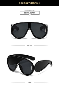 Front and side views of black oversized shield sunglasses with a streamlined wide temple design