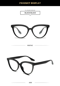 Detailed front and side views of black oversized cat-eye blue light blocking glasses