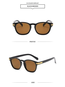 Front and side views of vintage black square sunglasses with brown lenses and gold rivets