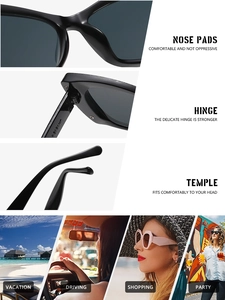 Macro detail of cat-eye sunglasses featuring metal hinges and lifestyle usage scenes