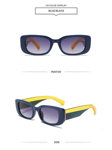 Vues de face et de profil de lunettes de soleil rectangulaires bleu marine à branches jaunes