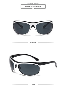 Lunettes de soleil ovales punk futuristes noir et argent, vues de face et de profil