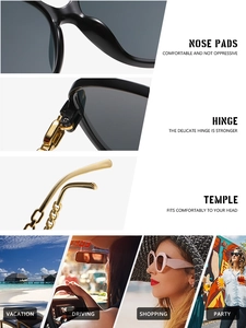 Détail de lunettes de soleil élégantes avec branche en chaîne dorée et charnière solide