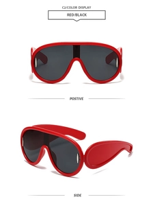 Detailed front and side views of oversized shield sunglasses with red frames and black lenses