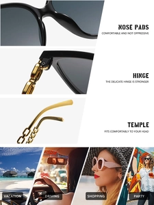 Detail of golden metal chain on black square sunglasses with nose pads and hinges