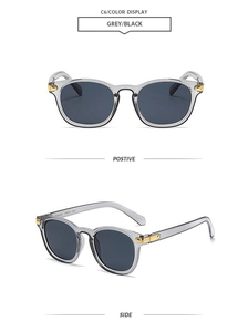 Detail view of grey transparent resin frame sunglasses with gold hinge accents