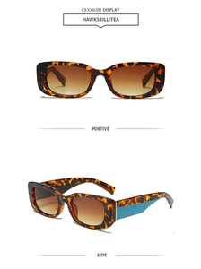 Détails de lunettes carrées écaille avec verres dégradés thé et branches bleu contrasté