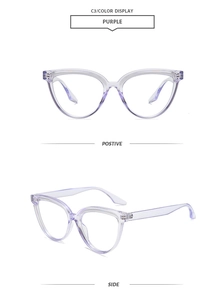 Detail view of purple cat-eye glasses frames in lightweight transparent TR90 material