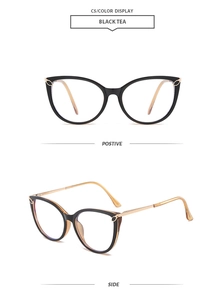 Detailed front and side views of black cat-eye glasses frames with gold metal temples