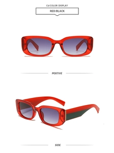 Détail de lunettes de soleil rouges translucides avec branches en blocs de couleurs