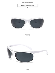 Vues détaillées de lunettes de soleil ovales punk blanc argent avec verres noirs face et profil