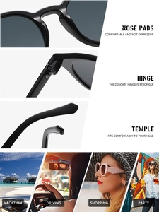 Detail view of reinforced hinges, integrated nose pads and ergonomic sunglasses temples