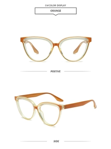 Detailed front and side view of orange and clear cat-eye fashion eyewear frames