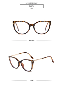 Cat eye glasses frames with turtle pattern and metal temples in front and side views